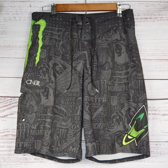 O' Neill Bobby Martinez Monster Energy Mens Size 30 Black Board Shorts GUC READ